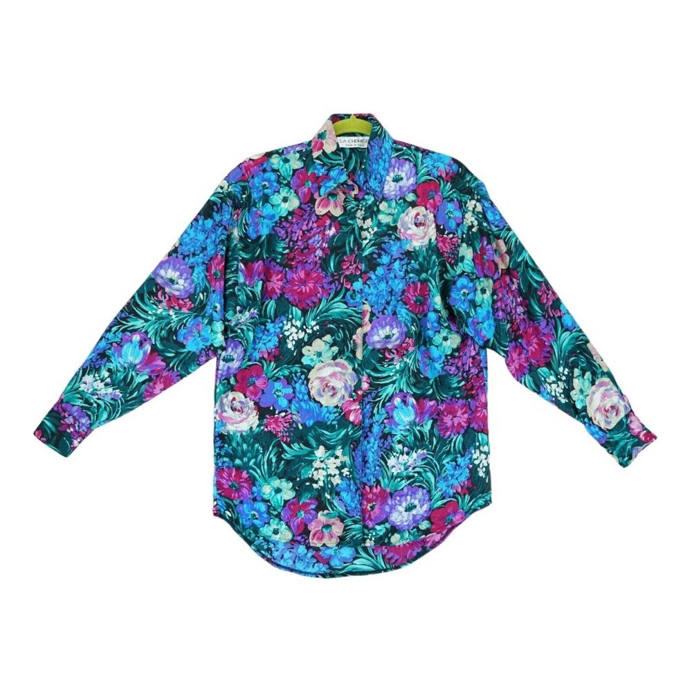 Vintage‎ 80's La Chemise Shirt Button Woman Floral Print Metallic Button Down XS